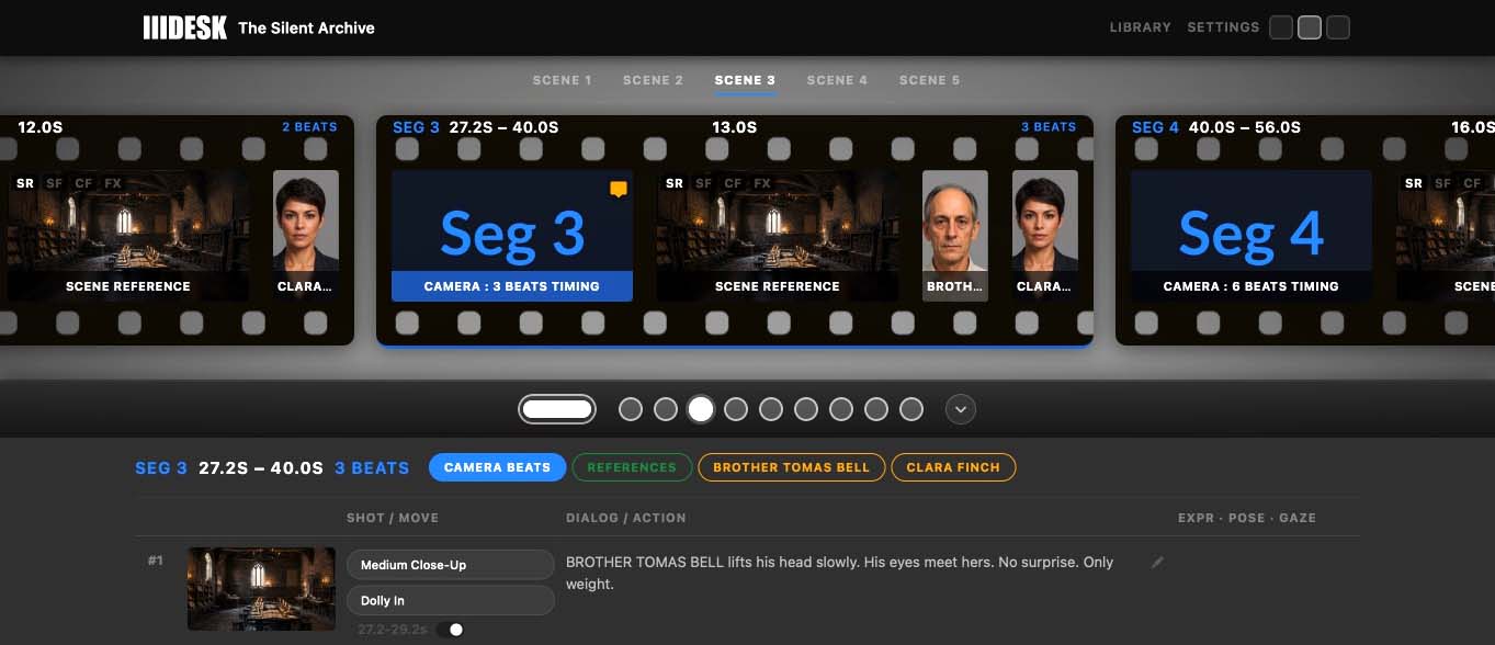 3Desk Studio — scene beats, references, and segment timeline